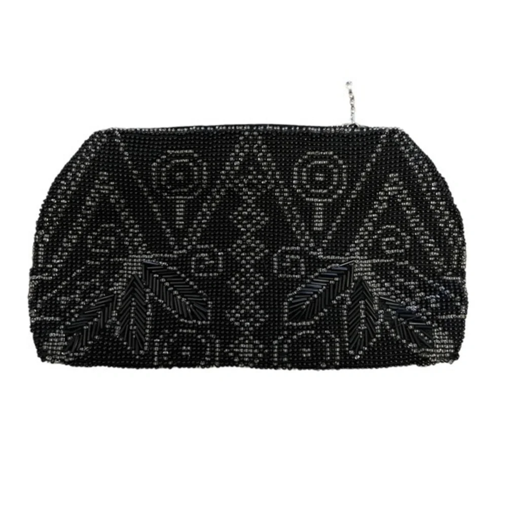 CZECH Glass Bead Small Black Geometric Beaded Medicine Coin Belt Zipper Pouch
